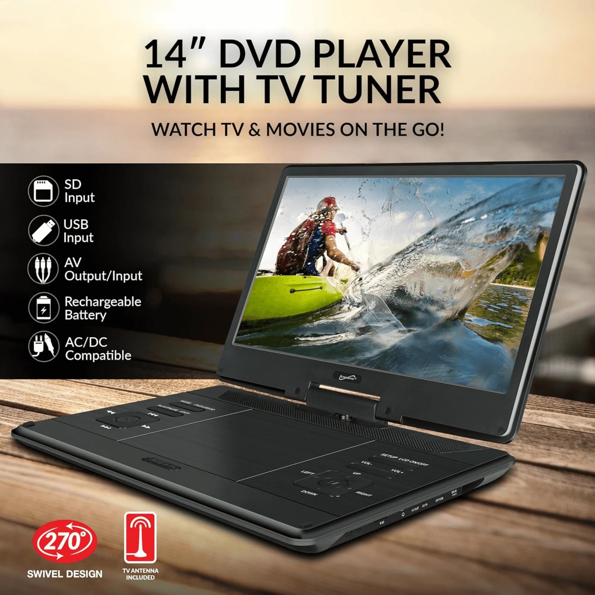 Supersonic 14-Inch Portable LED DVD Player with Built-In Hybrid TV Tuners ACDC Compatible