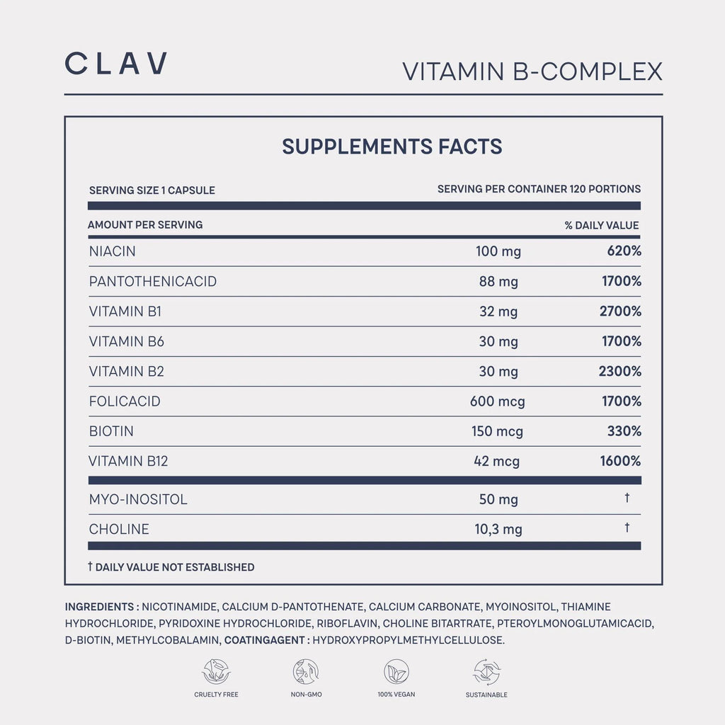 Vitamin B Complex 120 Capsules All 8 B Vitamins with Co Factors Myo Inositol