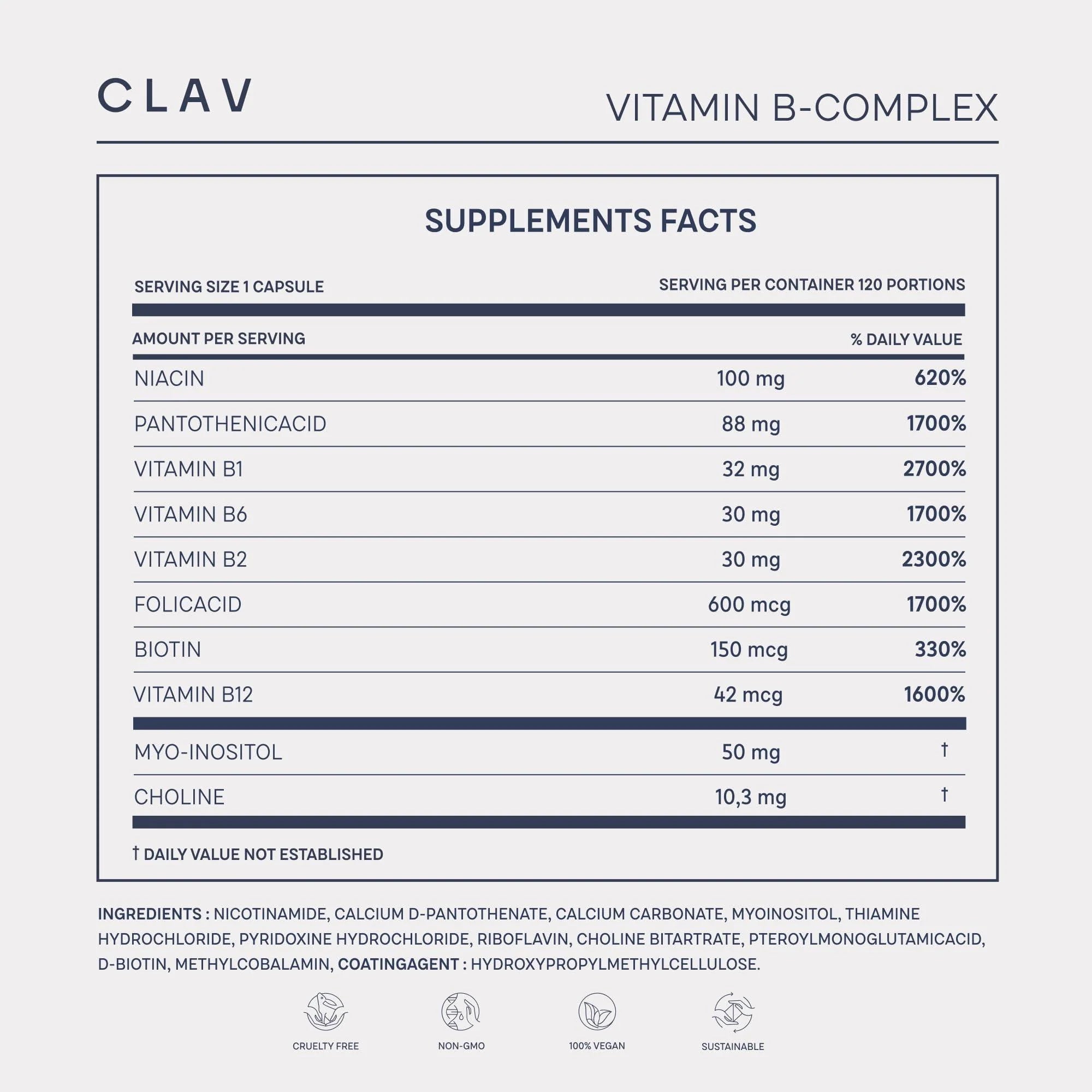 Vitamin B Complex 120 Capsules All 8 B Vitamins with Co Factors Myo Inositol