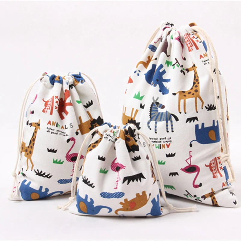 Drawstring Cartoon Animals Printed Storage Bags Organizer Cotton Linen Jewelry Cosmetic PouchBaby Clothing Kids toys Candy Bags