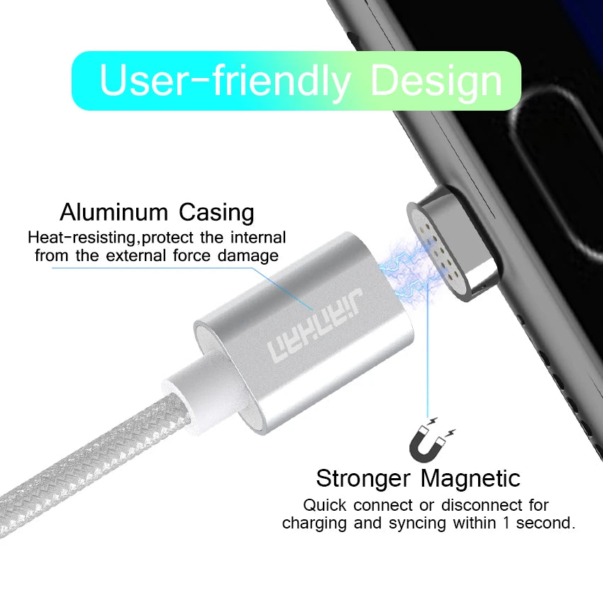JianHan Magnetic Type C Cable 1M 3A Fast Charging Magnet Data Phone Charger Cable with LED Light for Samsung Xiaomi Huawei
