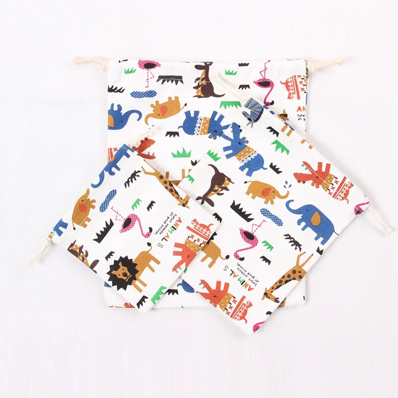 Drawstring Cartoon Animals Printed Storage Bags Organizer Cotton Linen Jewelry Cosmetic PouchBaby Clothing Kids toys Candy Bags