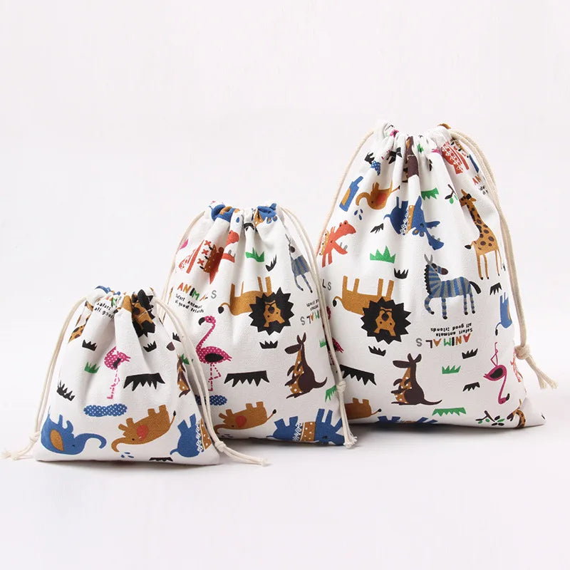 Drawstring Cartoon Animals Printed Storage Bags Organizer Cotton Linen Jewelry Cosmetic PouchBaby Clothing Kids toys Candy Bags