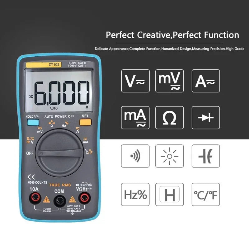 ZT102 True RMS Digital Multimeter Backlit AC/DC Voltage Ammeter Voltmeter Temperature Ohm Frequency Diode Meter Tester Tool