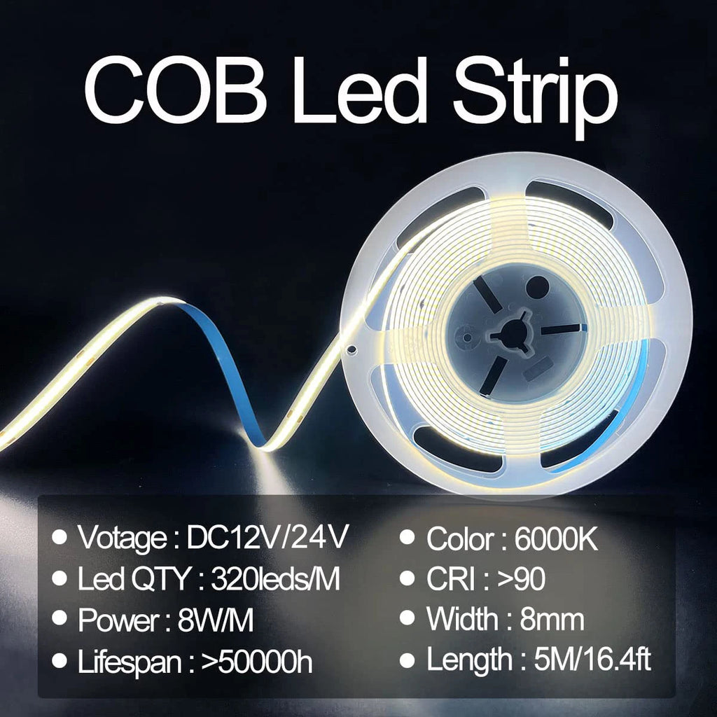 High Quality 5M Cob Led Strip Cri90 Free Cutting 12V 24V 3mm 5mm 8mm Self-adhesive Led Strip Light