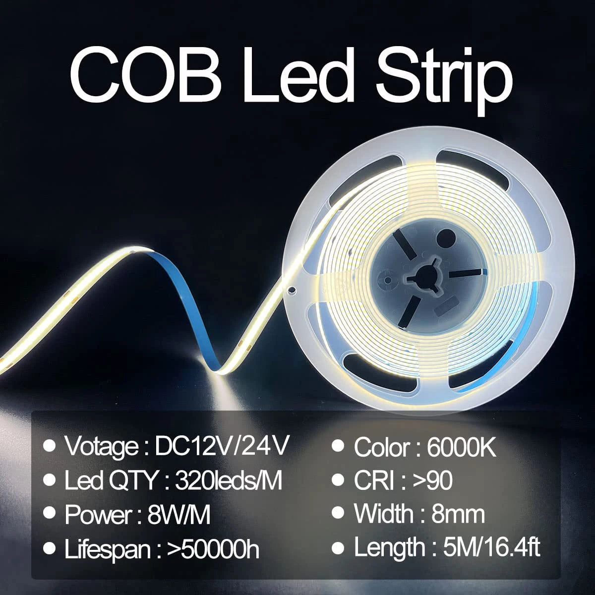 High Quality 5M Cob Led Strip Cri90 Free Cutting 12V 24V 3mm 5mm 8mm Self-adhesive Led Strip Light