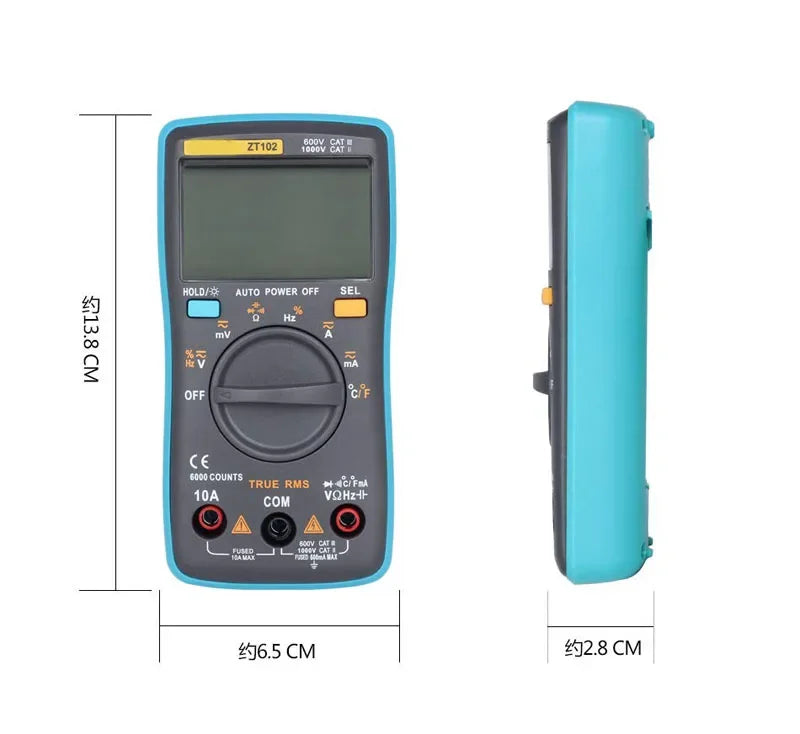 ZT102 True RMS Digital Multimeter Backlit AC/DC Voltage Ammeter Voltmeter Temperature Ohm Frequency Diode Meter Tester Tool