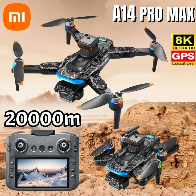 Xiaomi A14Pro Max Drone 8K HD Three Camera GPS Brushless Optical Flow Obstacle Avoidance 4.5-inch large screen UAV RC 20000M