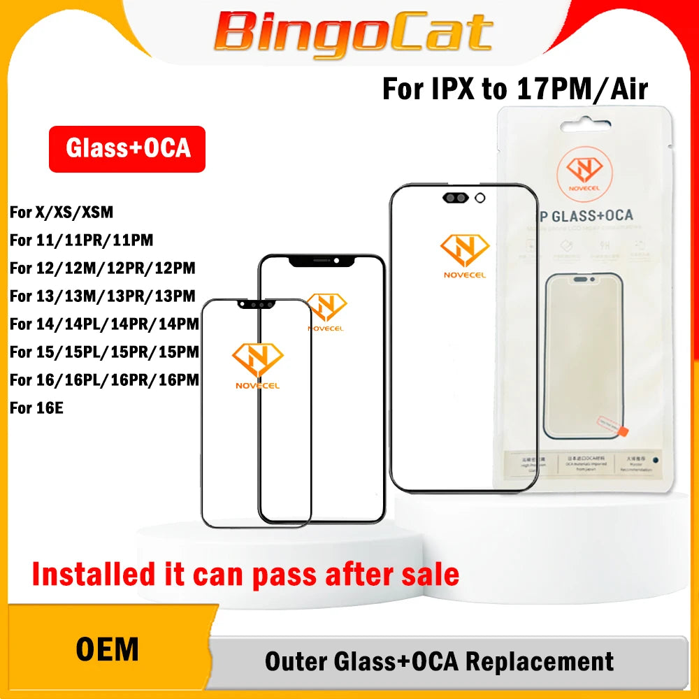 Novecel 10pc New 17Pro max Front Screen Outer Glass+OCA For iPhone 16 11 12 13 14 15 Plus Pro Max LCD External Lens Replacement
