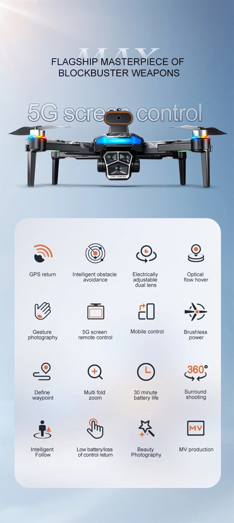 Xiaomi A14Pro Max Drone 8K HD Three Camera GPS Brushless Optical Flow Obstacle Avoidance 4.5-inch large screen UAV RC 20000M