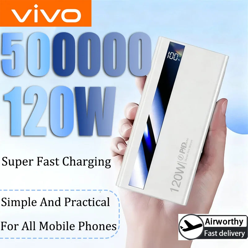 VIVO 500000mAh Large Capacity Power Bank 120W Super Fast Charging Power Bank Portable Battery Charger Digital Display Power Bank