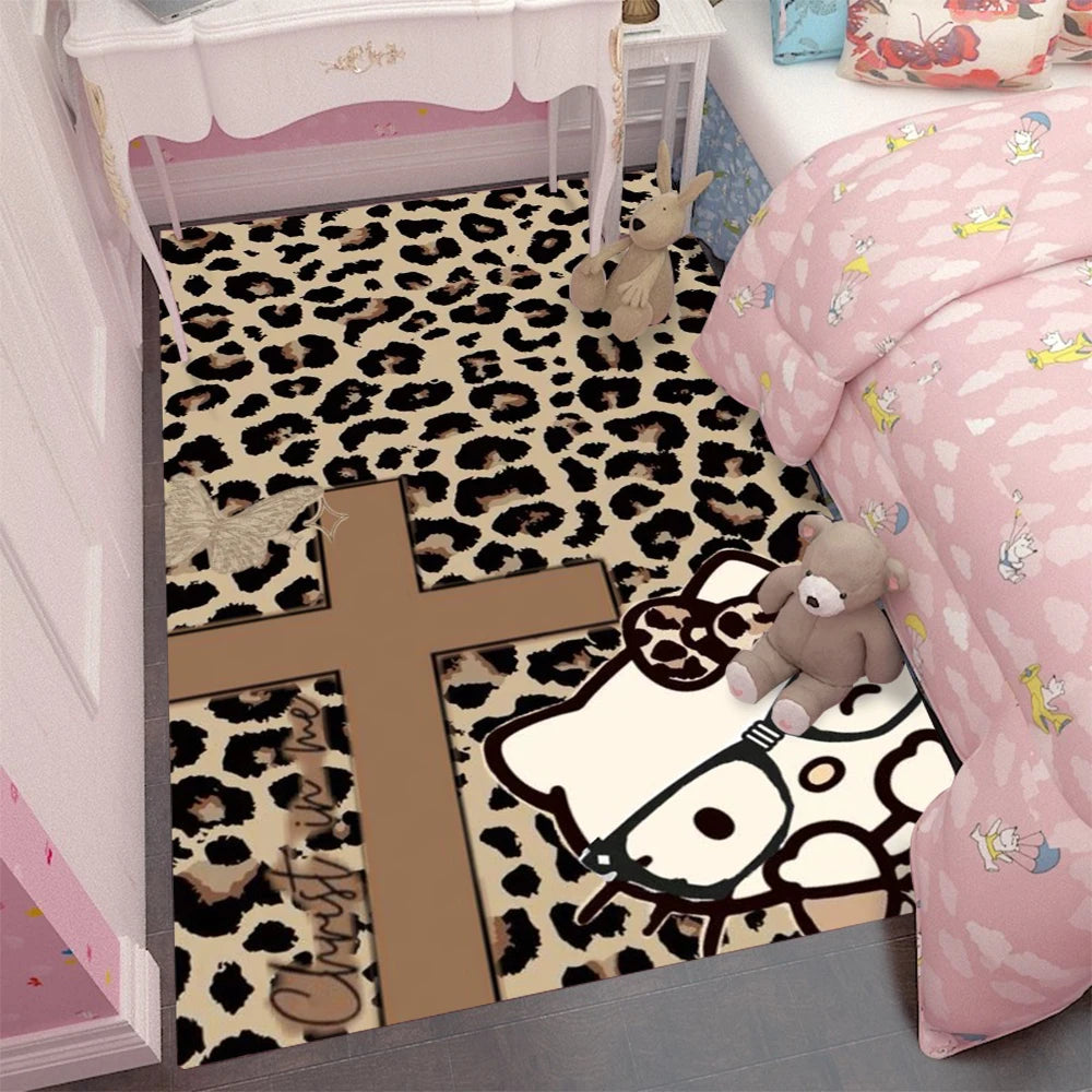 MINISO Fashion Red Leopard Hello Kitty Rug  Carpet for Living Room Bedside Floor Mat Girls Bedroom Decor Leisure Mat Rug Gift