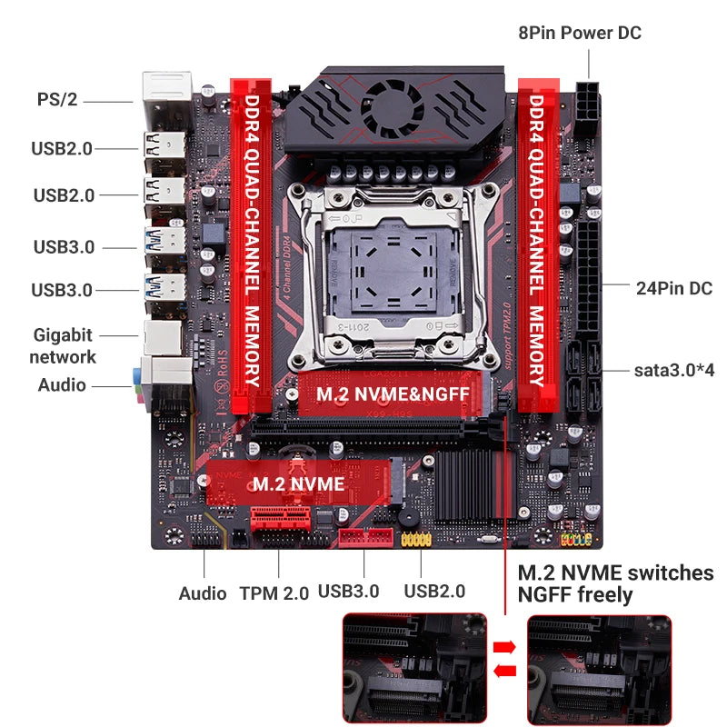 QIYIDA X99 motherboard TPM 2.0Interface LGA 2011 3 with NVME NGFF M.2 Support 4 channels X99 C612chip DDR4 Memory SATA3.0 USB3.0