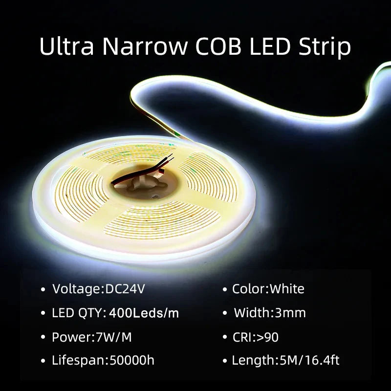 High Quality 5M Cob Led Strip Cri90 Free Cutting 12V 24V 3mm 5mm 8mm Self-adhesive Led Strip Light