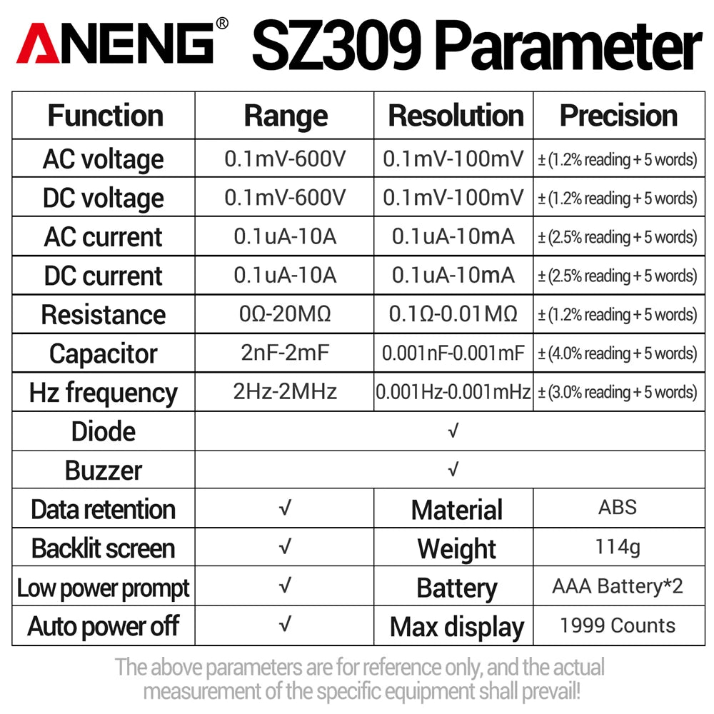 ANENG SZ309 Multimeter 1999 Count Professional High Precision Digital Multimetro Easy To Cary Small Size AC/DC Voltage Meter