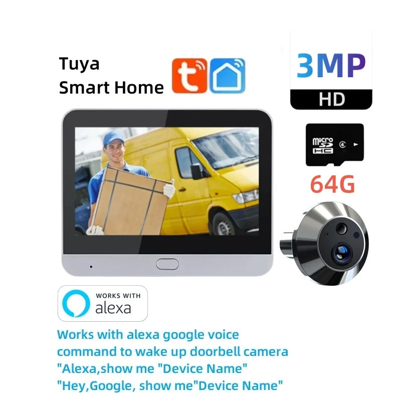 Home Smart Tuay Wireless Wifi Peephole Video Door Camera 3MP One Way Audio Security  Door Eye With Camera For Apartment