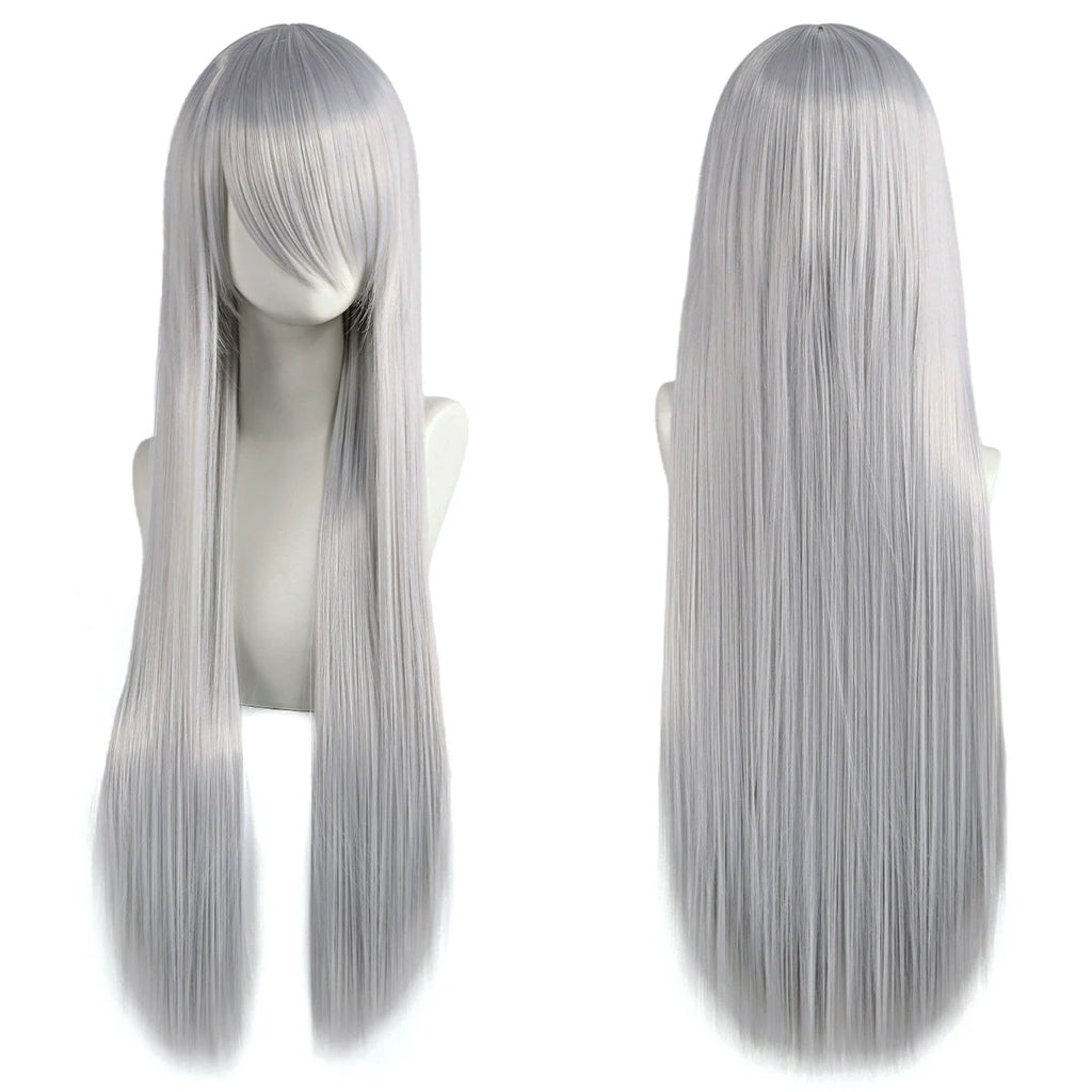 80cm Long Synthetic White Purple Cosplay Wigs Green Hair Straight Silver Wig Pink Hairpiece Lolita Wig with Bangs