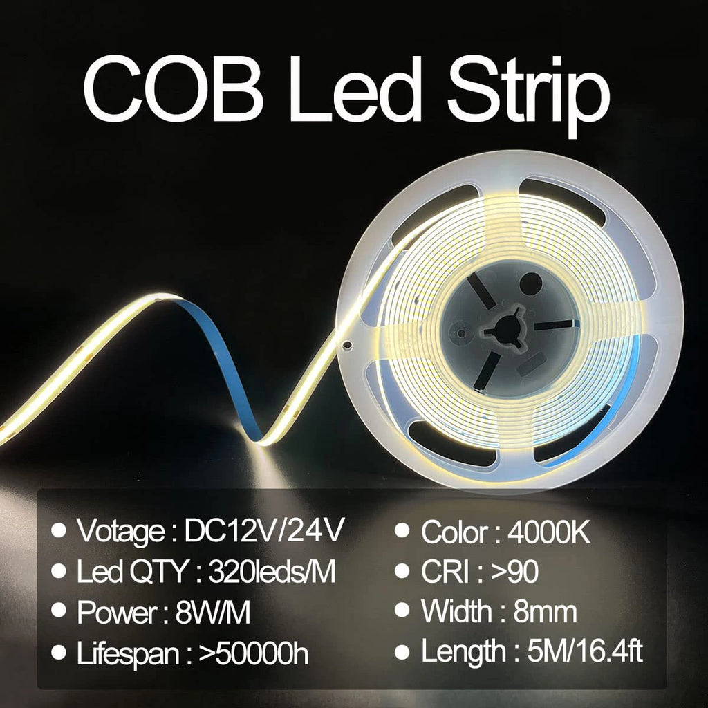 High Quality 5M Cob Led Strip Cri90 Free Cutting 12V 24V 3mm 5mm 8mm Self-adhesive Led Strip Light