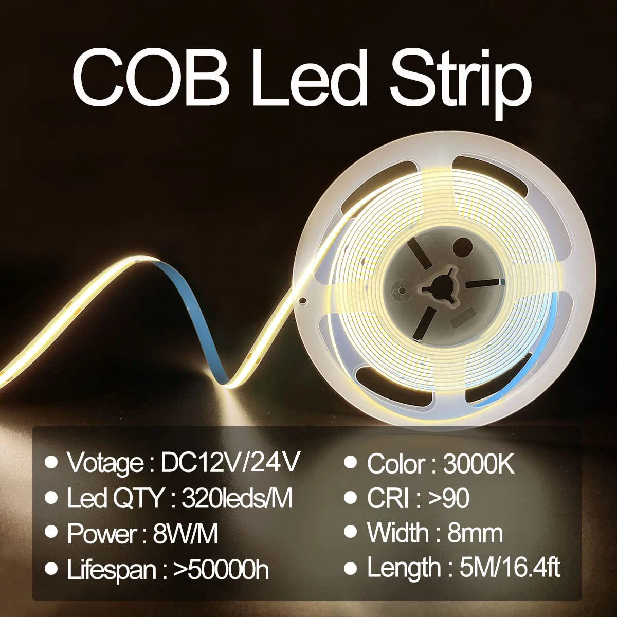 High Quality 5M Cob Led Strip Cri90 Free Cutting 12V 24V 3mm 5mm 8mm Self-adhesive Led Strip Light