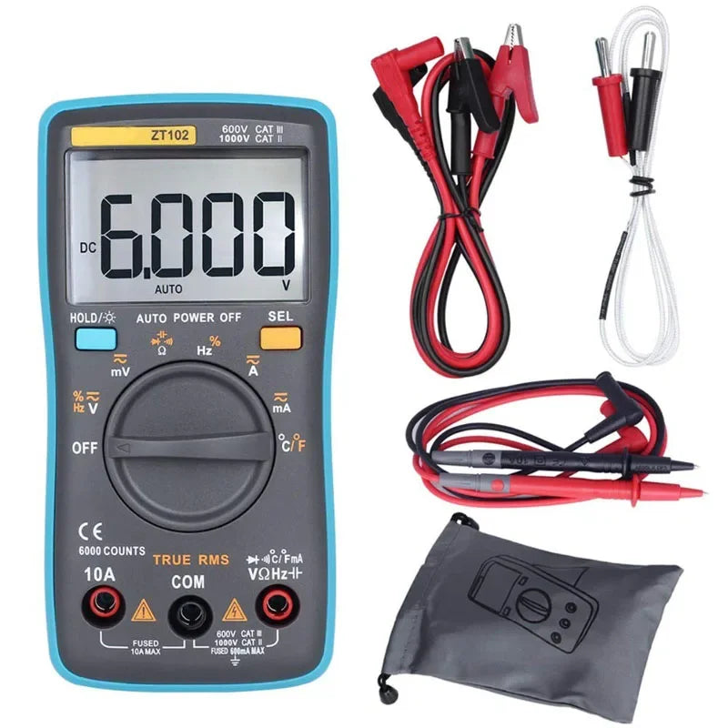 ZT102 True RMS Digital Multimeter Backlit AC/DC Voltage Ammeter Voltmeter Temperature Ohm Frequency Diode Meter Tester Tool
