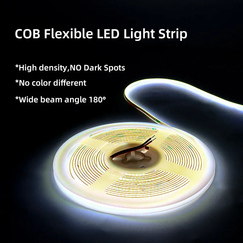 High Quality 5M Cob Led Strip Cri90 Free Cutting 12V 24V 3mm 5mm 8mm Self-adhesive Led Strip Light