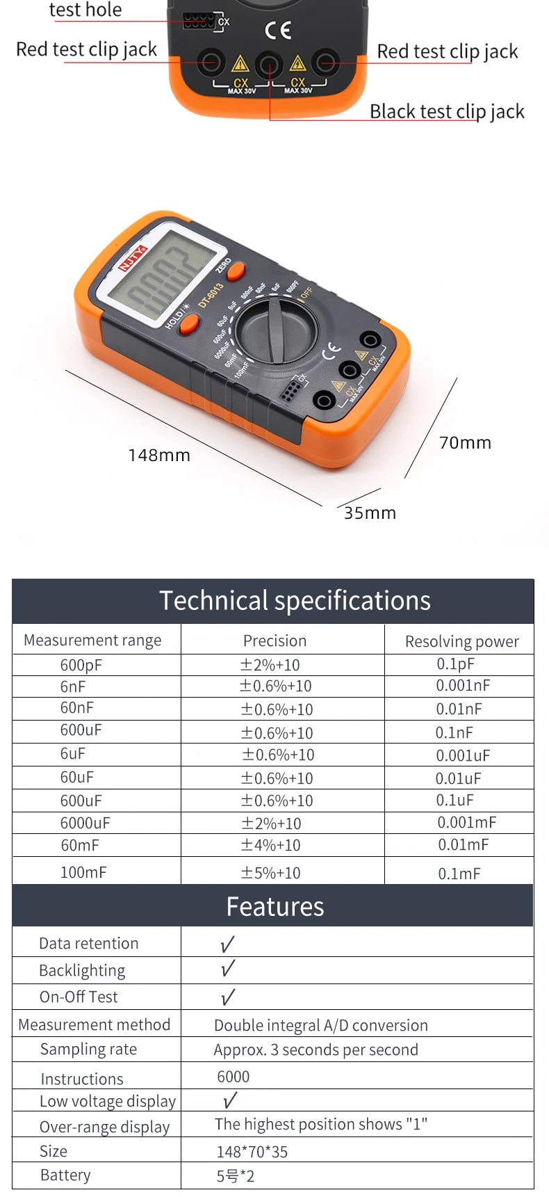 Professional Digital Capacimeter 6000 counts Capacitor Capacity Meter Lcr Tester 100000uF Capacitor High Precision Multimeter
