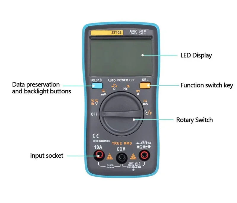 ZT102 True RMS Digital Multimeter Backlit AC/DC Voltage Ammeter Voltmeter Temperature Ohm Frequency Diode Meter Tester Tool
