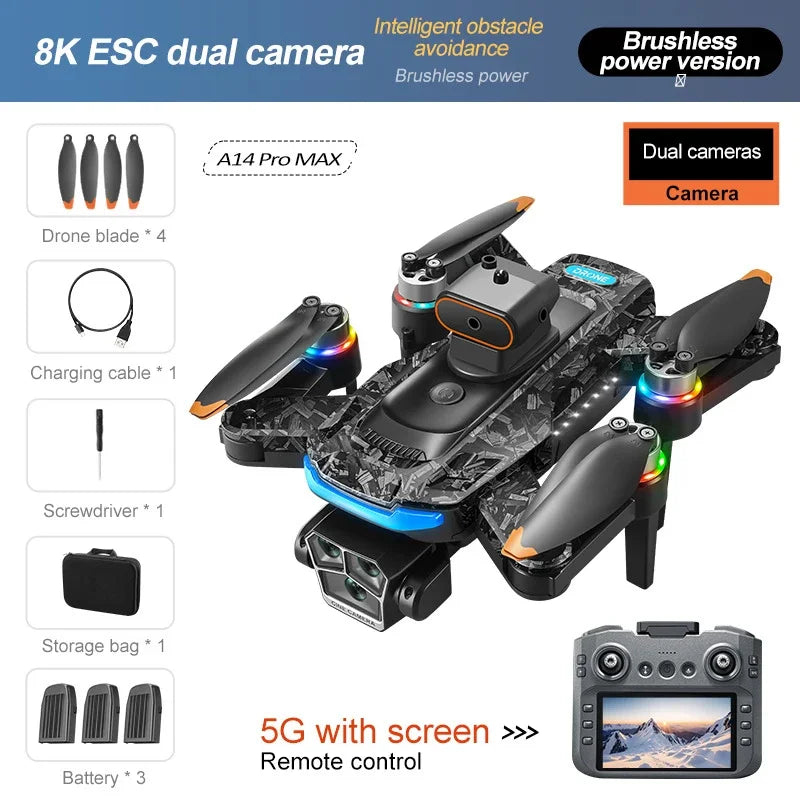 Xiaomi A14Pro Max Drone 8K HD Three Camera GPS Brushless Optical Flow Obstacle Avoidance 4.5-inch large screen UAV RC 20000M