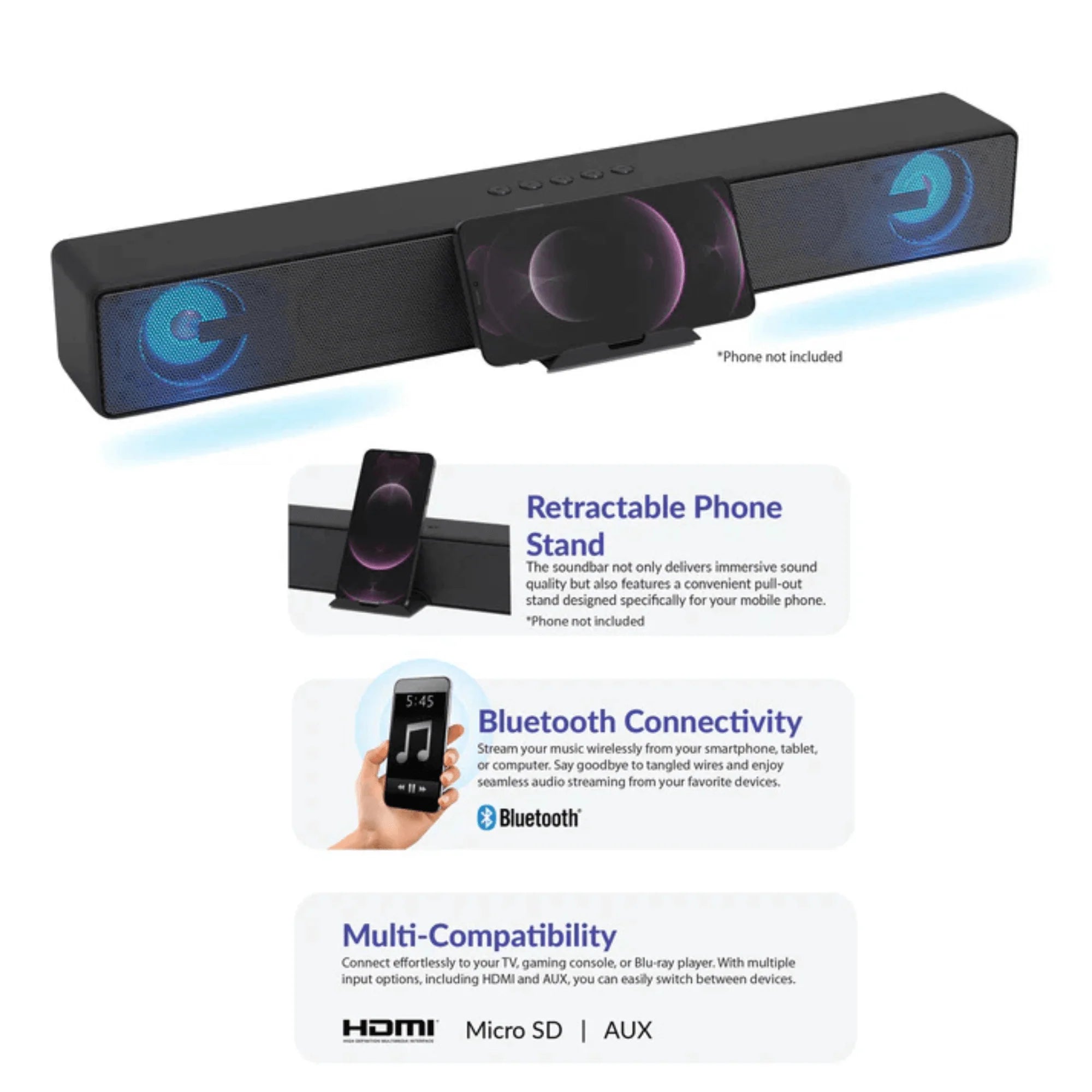 Supersonic 17.6-Inch Portable 10W Bluetooth Soundbar